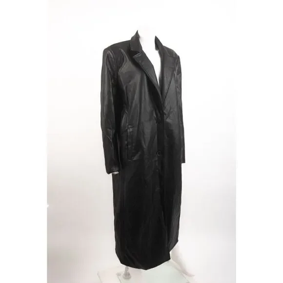 Zara Womens Black Faux Leather Trench Coat Jacket Long XL 4661/816 No belt NWT